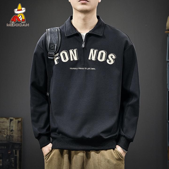 Mexican/稻草人美式潮牌半拉链卫衣男款春季宽松长袖翻领印花上衣