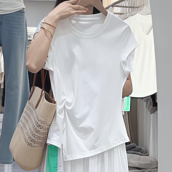 不规则T恤抽褶下摆开叉显瘦遮肉洋气短袖2025设计感短袖上衣打底