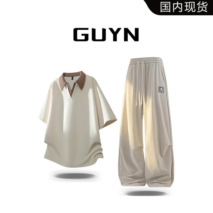 【品牌现货】GUYN男生衣服短袖夏季帅气套装潮流大男孩假两件上衣