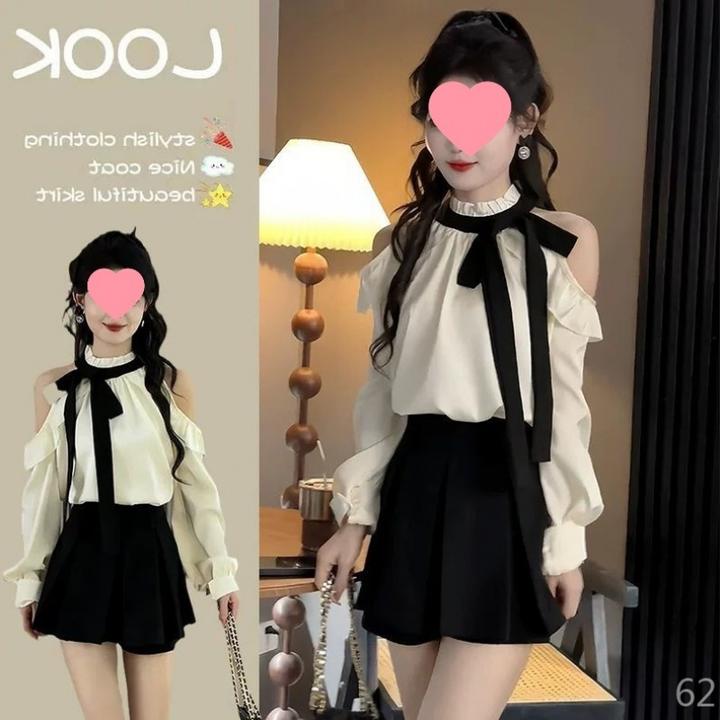 法式甜美露肩长袖衬衫女2025秋季气质设计感蝴蝶结衬衣短裙两件套