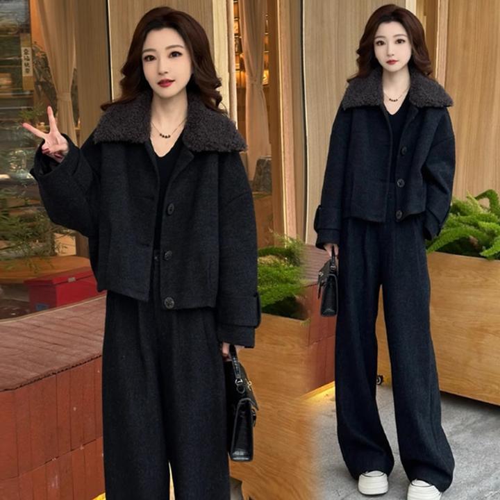 时尚毛呢套装女冬季新款洋气保暖加厚大翻领夹棉外套阔腿裤两件套