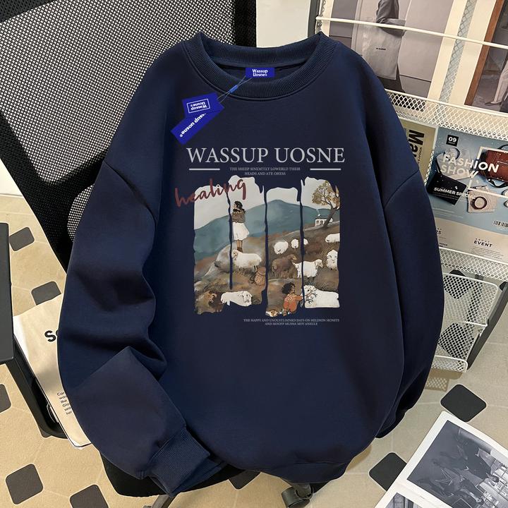 藏青色复古套头卫衣男生秋冬加绒hiphop网红洋气短宽上衣2025爆款