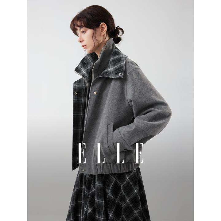ELLE女装格纹拼接毛呢短外套2025冬新款绵羊毛夹克上衣EF53071