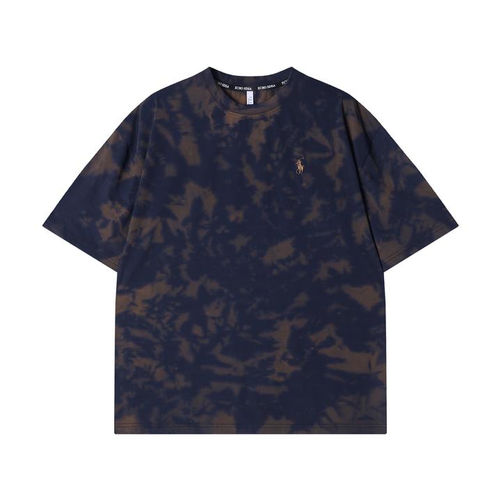 夏季新款高级感韩版扎染刺绣标圆领短袖T恤复古情侣潮流上衣