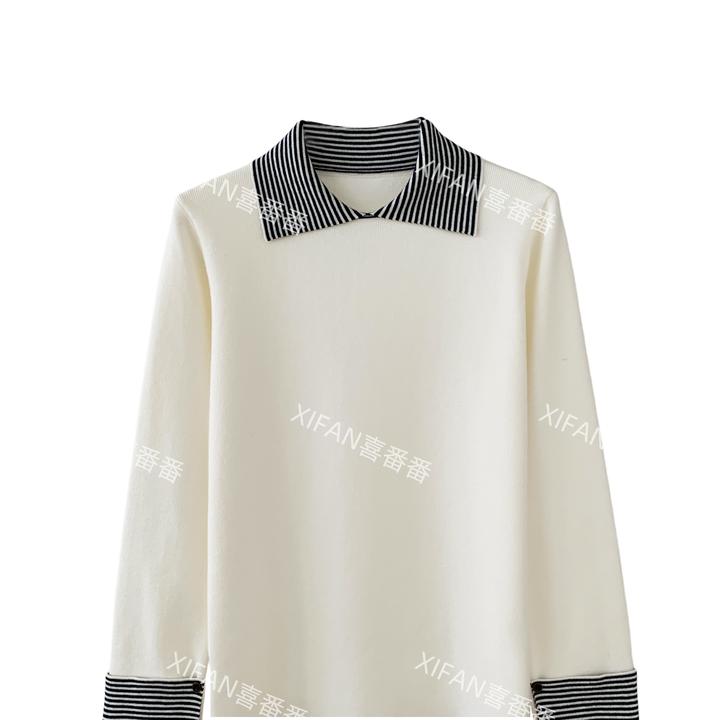 舒适针织长袖翻领毛针织衫拼色韩版宽松衫