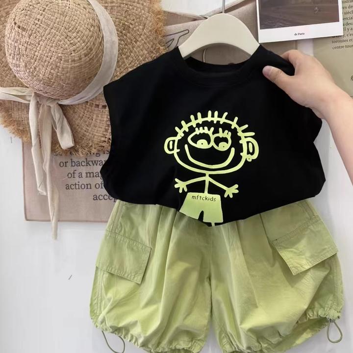 男童套装2025新款儿童洋气时髦夏装小童无袖上衣亮色短裤两件套潮