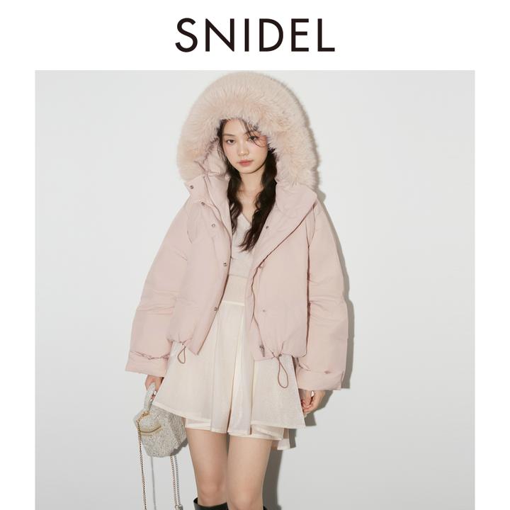 SNIDEL2025秋冬新品甜美带毛领连帽抽绳羽绒服外套 SWFC255303