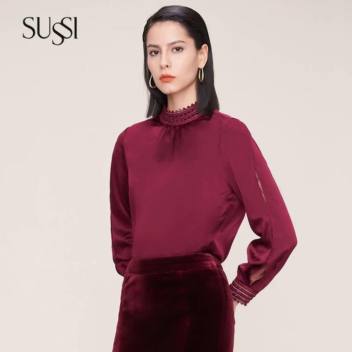SUSSI/古色25早秋商场同款立领长袖拼蕾丝上衣