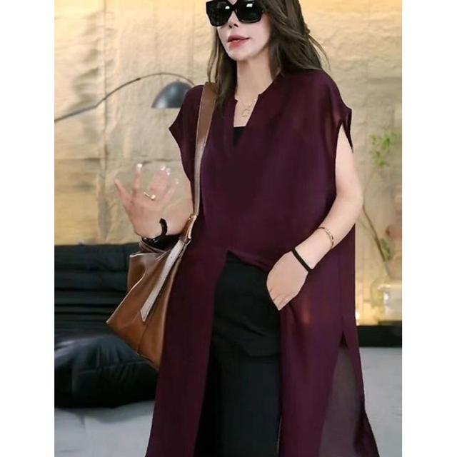 夏季新款洋气中长款外搭上衣开叉百搭衬衫设计感小众雪纺衫女短袖