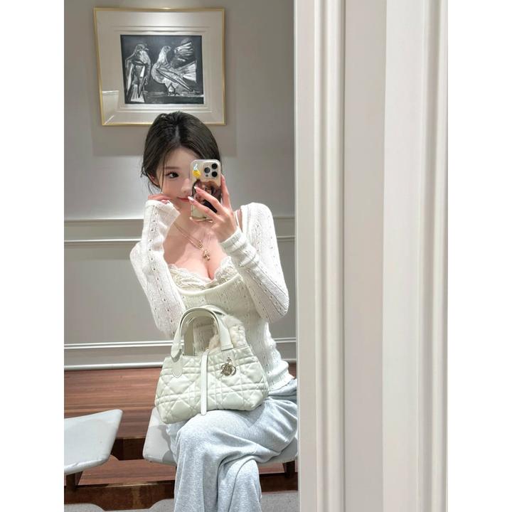 纯欲风蕾丝拼接假两件设计修身显瘦上衣女2025初春新款直筒休闲裤