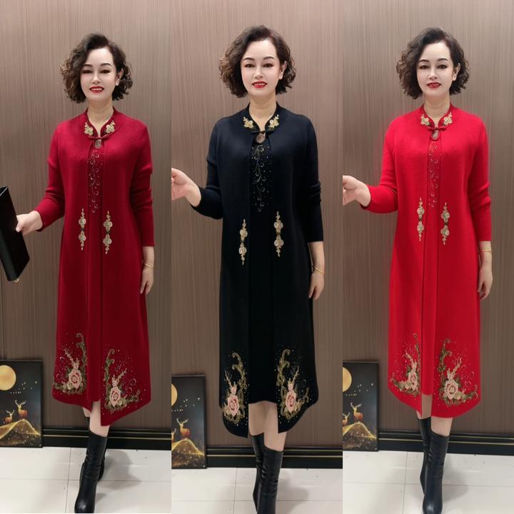 yA秋冬新款高贵妈妈喜服针织假两件长款显瘦洋气气质连衣裙裙子