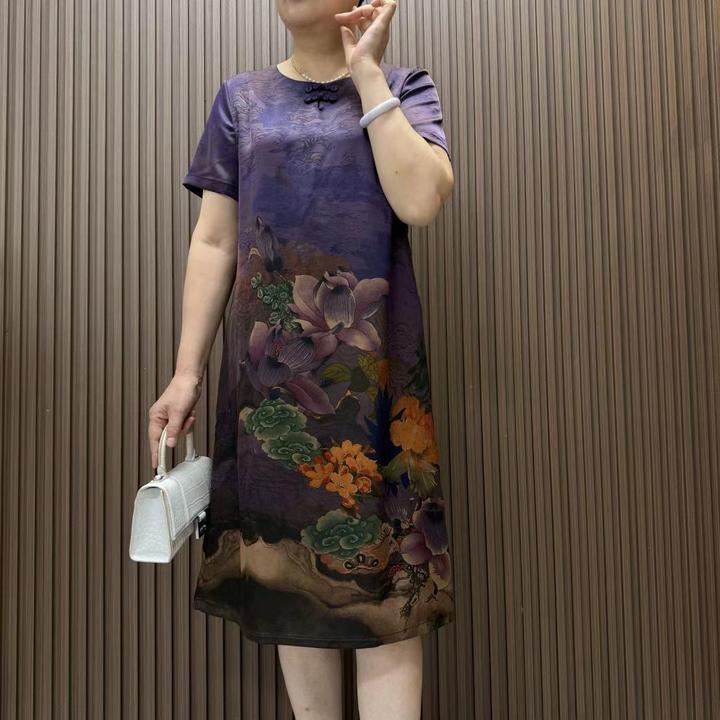 重磅国风印花时尚连衣裙慵懒风气质百搭妈妈装碎花中长款显瘦