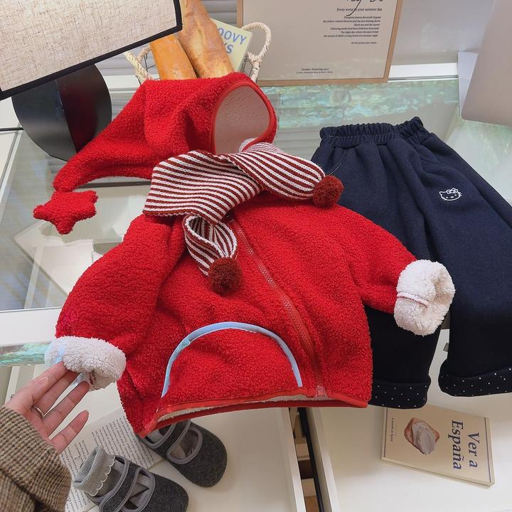 儿童加绒加厚外套连帽童装拜年服女童喜庆节日冬季上衣宝宝厚卫衣