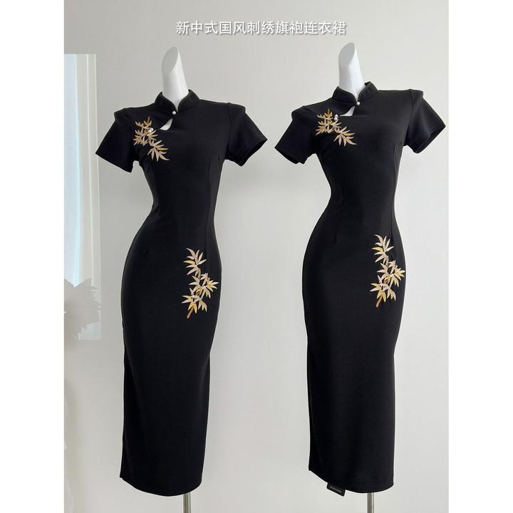 原创自制新中式刺绣改良旗袍弹力西装修身显瘦连衣裙 短袖金竹