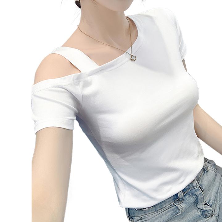 D2025夏装新款白色短袖t恤女韩版露肩性感吊带显瘦百搭一字领上衣