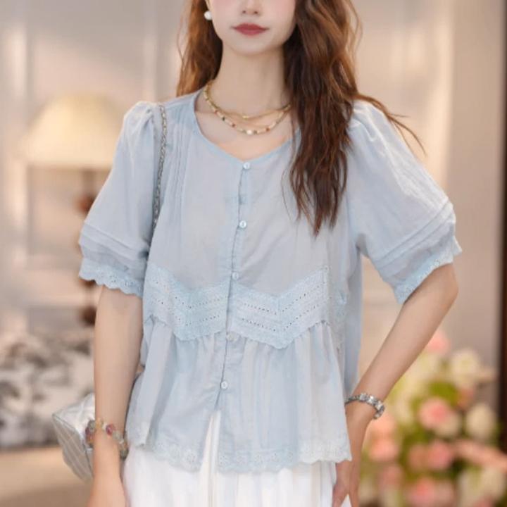 2025夏季新款经典圆领拼接蕾丝花边小衫女士收腰显瘦时尚法式衬衫