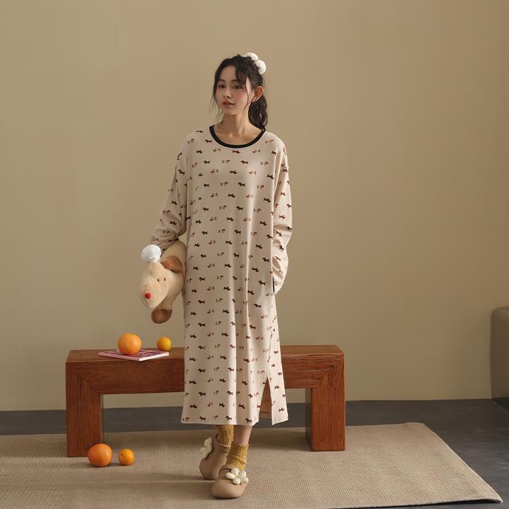 【美家臣】睡裙女春秋新款针织棉长袖连衣裙可外穿腊肠狗卡通睡衣