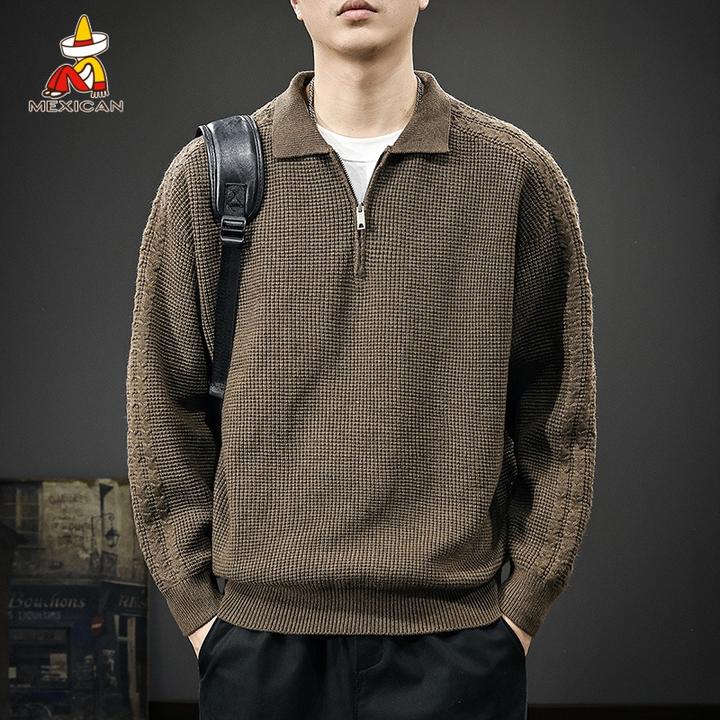 Mexican/稻草人美式复古翻领毛衣男款秋冬潮流针织衫男士保暖上衣