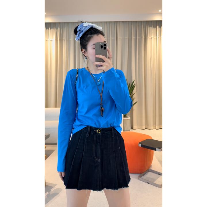 PM王囡囡 宝蓝/ 白色圆领长袖T恤 ND1A0367