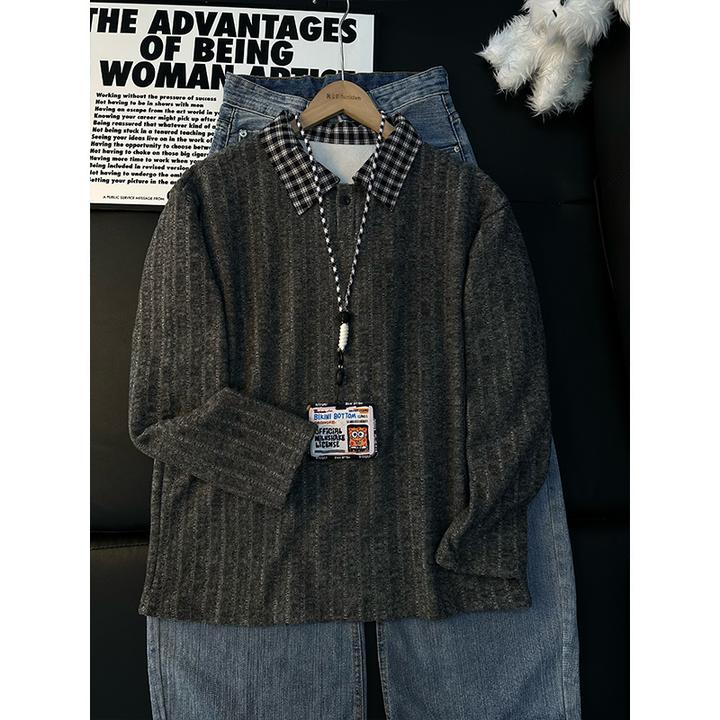 美式条纹拼接Polo衫男款秋冬加绒加厚翻领长袖T恤高级感情侣卫衣