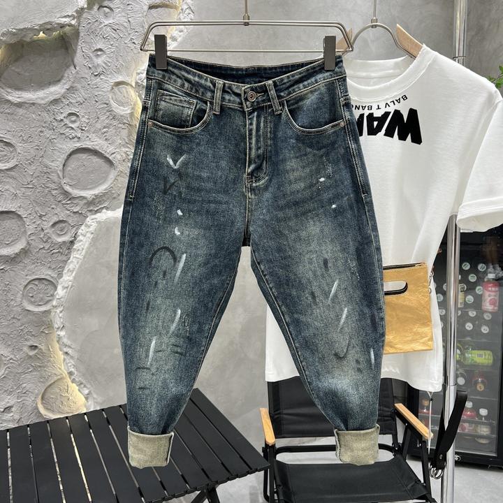 潮牌个性漆点泼墨牛仔裤男秋季男士时尚百搭弹力修身小脚休闲长裤