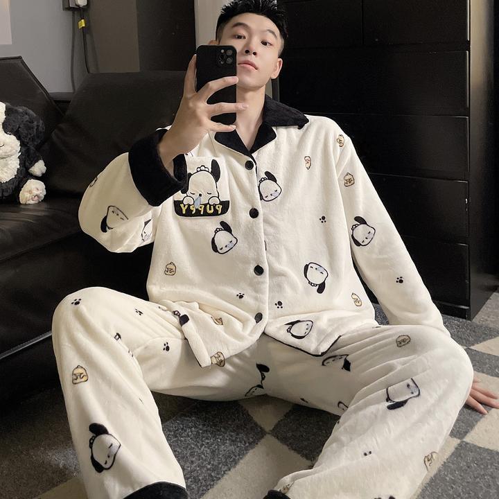 珊瑚绒情侣睡衣女秋冬季长袖卡通帕恰狗法兰绒男士大码家居服套装