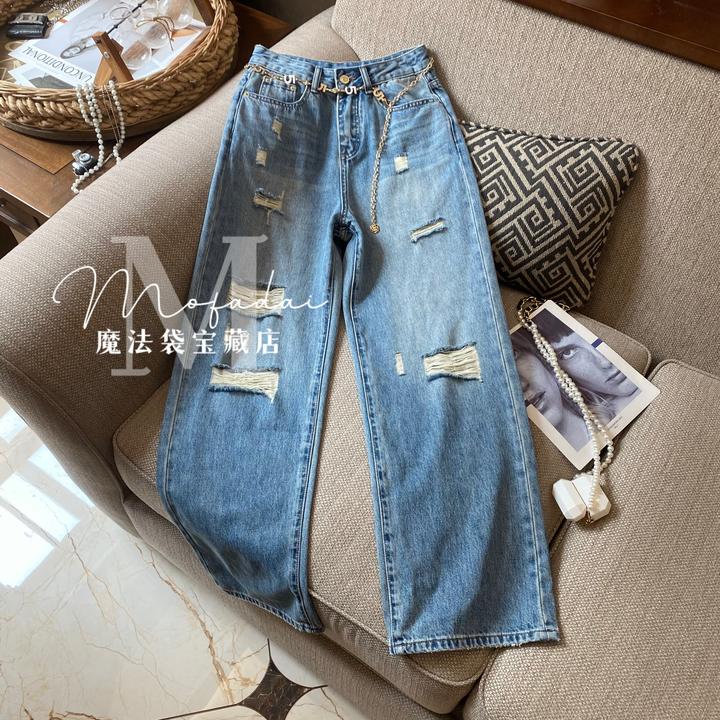 【魔法袋】浅蓝色无弹拖地裤夏季新品薄料宽松破洞露肉直筒牛仔女裤