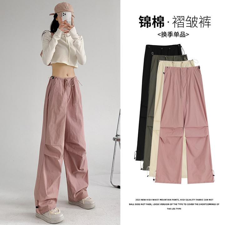 工装裤女裤子女式夏季薄款高腰直筒降落伞裤休闲阔腿运动裤YWFZ