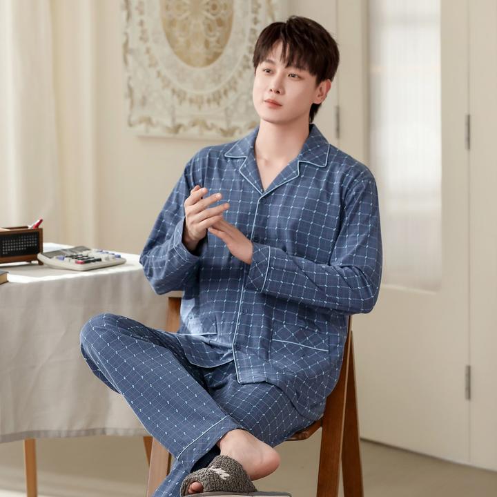 丽而倩纯棉男士长袖睡衣春秋季宽松大码开衫亲肤高级感家居服套装