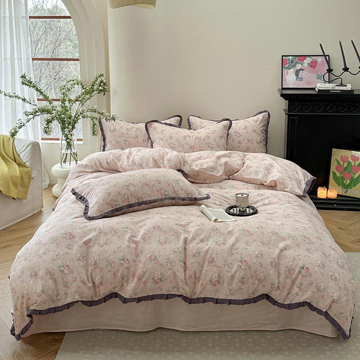 法式花边款纯棉双层纱四件套全棉套件柔软舒适印花公主风床上用品