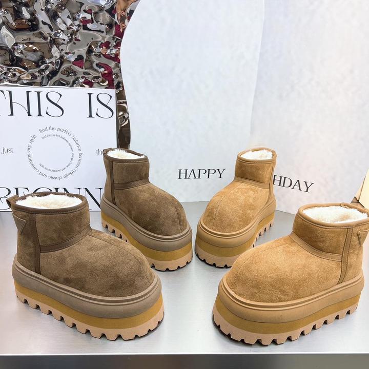 欧货大头面包鞋卡皮巴拉雪地靴厚底松糕小个子7cm显瘦短靴女鞋