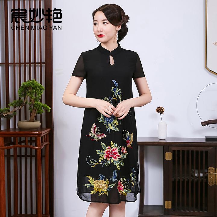 2022夏季新款妈妈装改良旗袍连衣裙复古风刺绣雪纺裙子中老年女装
