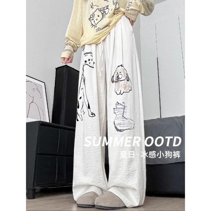 复古图案印花设计宽松休闲裤女2025新款高腰慵懒奶芙阔腿裤拖地裤