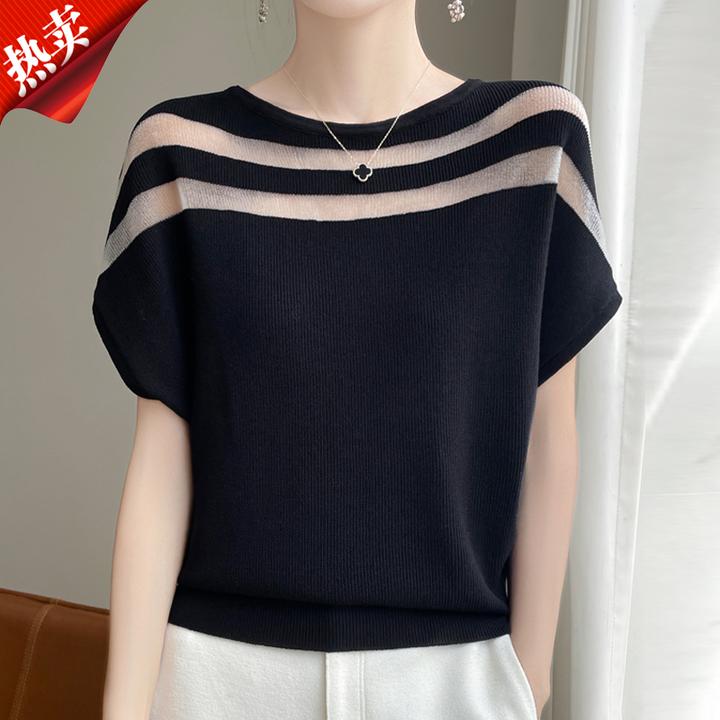 哥弟阿玛施正品法式蕾丝镂空蝙蝠袖针织衫气质显瘦一字领 T恤女夏