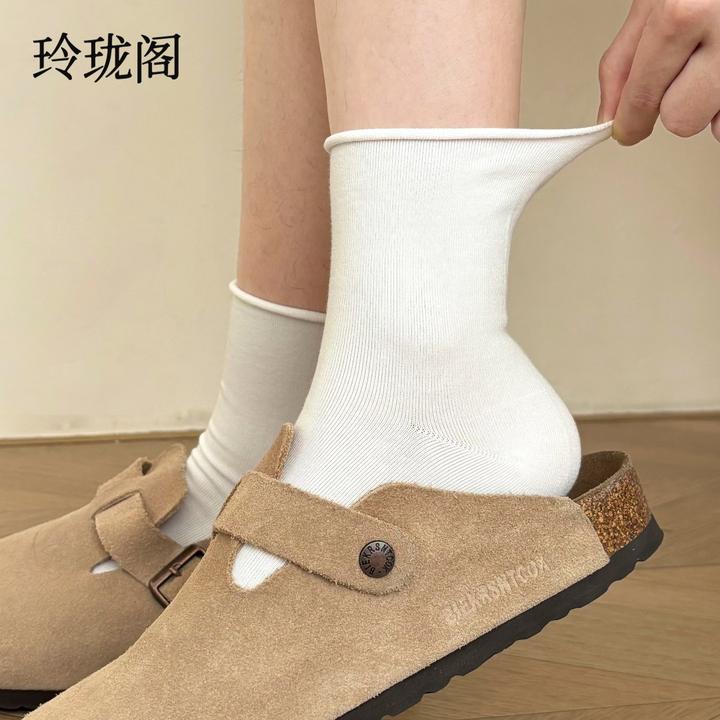 白色卷边袜子纯棉100%全棉防臭女款秋冬季透气抗菌无骨袜配勃肯鞋
