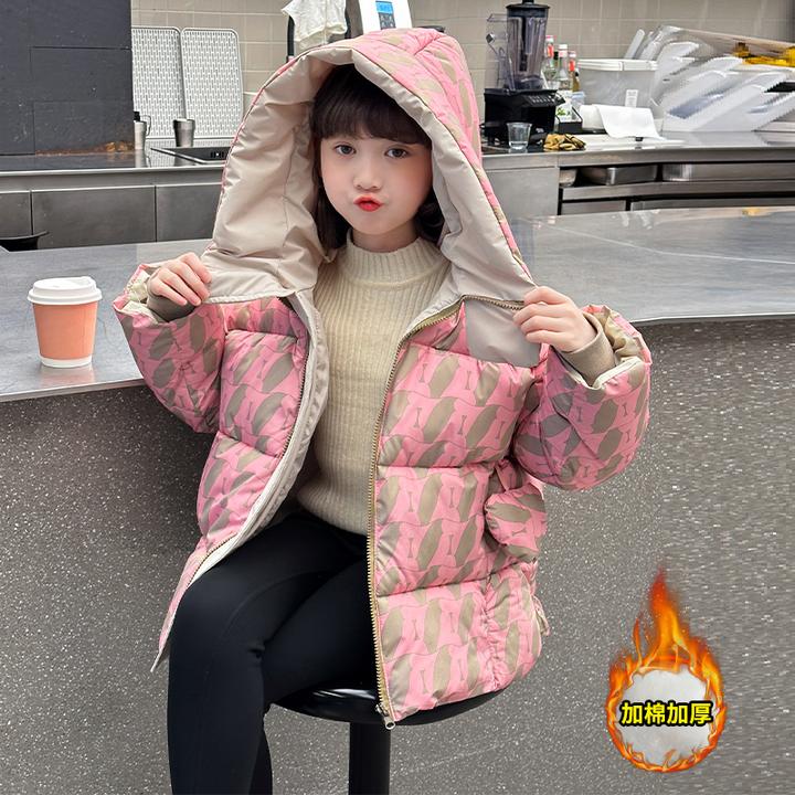 女童棉服冬季2023新款中大童爱心印花连帽棉衣外套女孩冬装棉袄潮