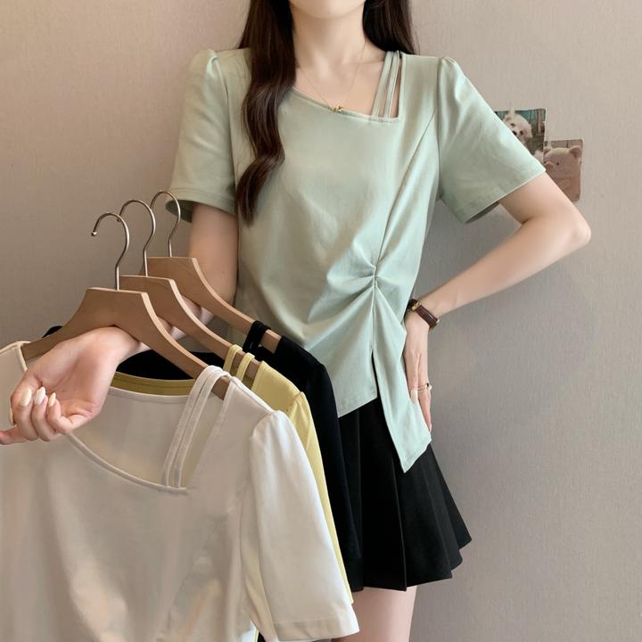 长2025夏装胖mm大码女不规则捏皱正肩T恤设计感镂空斜领上衣64718