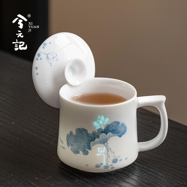 手绘玲珑瓷马克杯陶瓷带盖家用高颜值喝水杯子办公室釉下彩泡茶杯