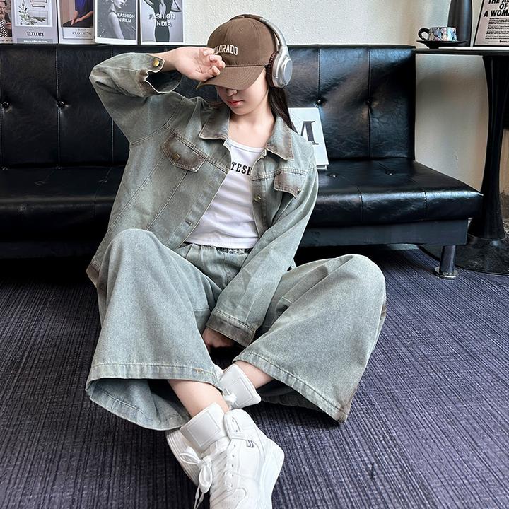 韩版女大童春秋季外套新款洋气时髦超好看初中直筒生牛仔裤儿童装