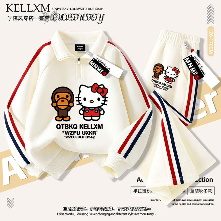 洋气凯蒂猫印花女童Polo衫拉链卫衣长裤套装2025秋季百搭中大童潮