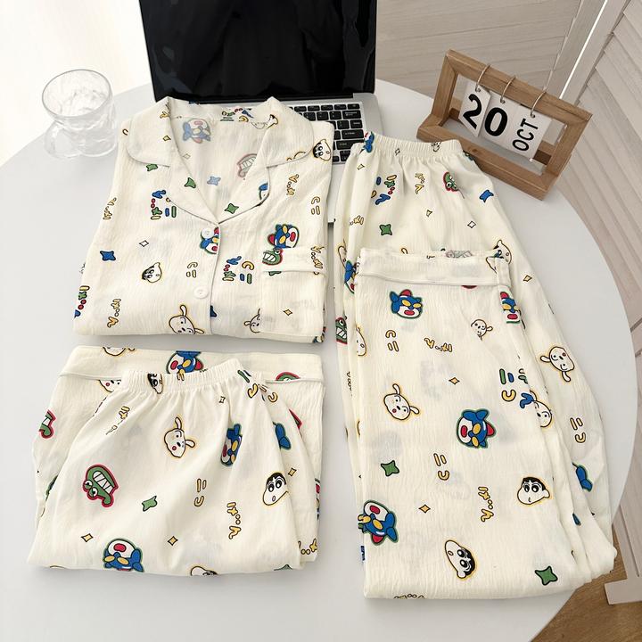 『超人小新』短袖三件套夏季新款ins简约彩色睡衣可外穿宽松居家服