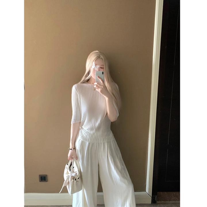 2025软糯宽松t恤短袖针织衫上衣+宽松慵懒休闲裤长裤阔腿裤两件套