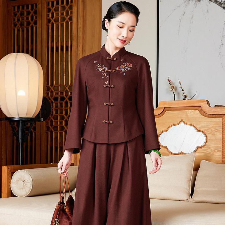 【雁字清秋】精纺羊毛针织刺绣复古中式气质长袖秋冬酒红上衣W25214