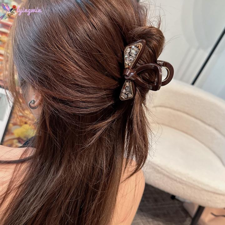 韩系细闪咖色蝴蝶结新款抓夹气质后脑勺盘发半扎发夹子鲨鱼夹发饰