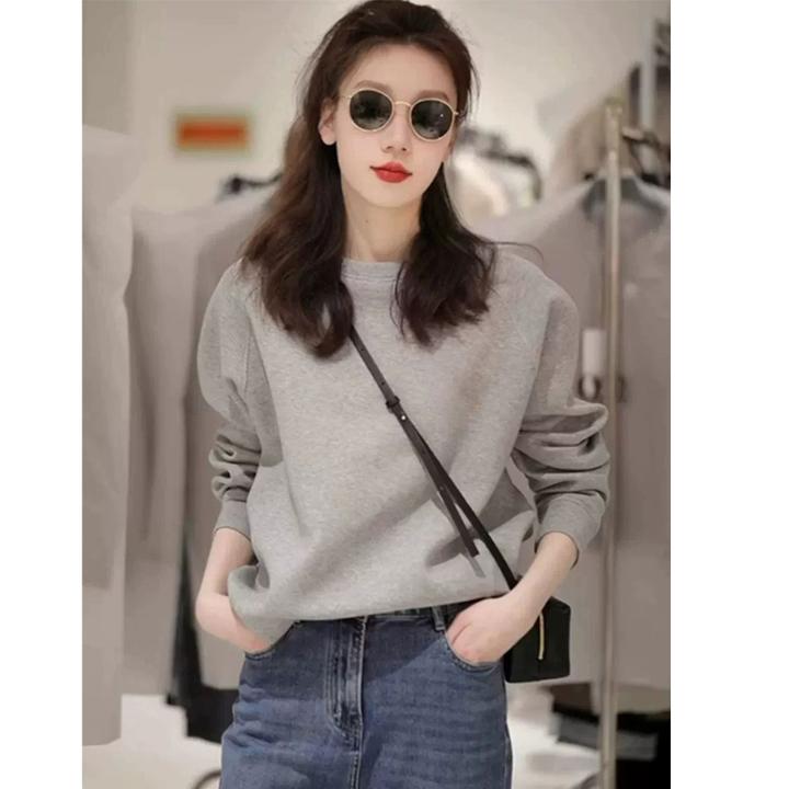 灰色圆领卫衣女保暖巨好看的秋冬穿搭洋气印花长袖T恤上衣潮打底