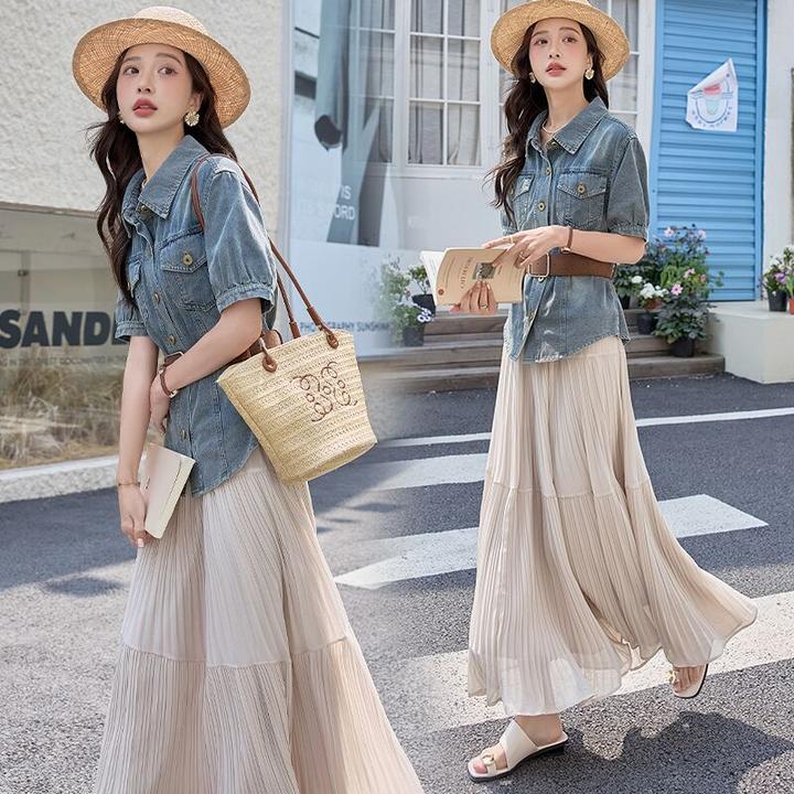 2025夏季新款韩系牛仔小衫半身裙套装女高腰大摆中长裙子两件套