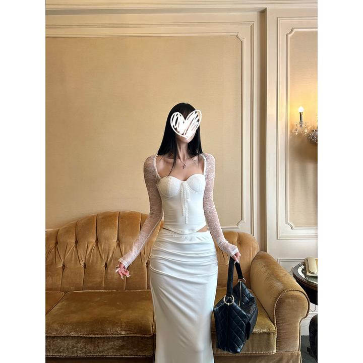 长袖蕾丝上衣+包臀半身裙两件套性感纯欲套装辣妹长裙女秋冬00782