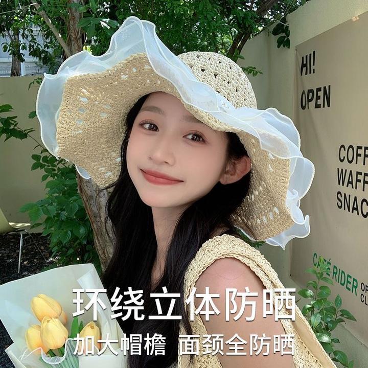草帽女夏季新款手工编制透蕾丝花边镂空防晒帽海边帽子遮阳帽大檐