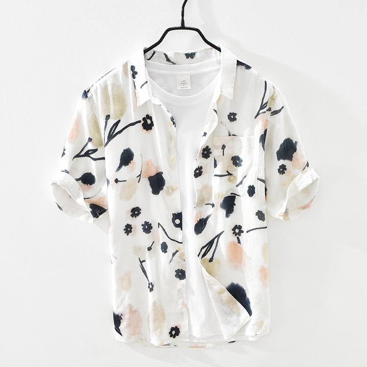 2003清新印花短袖亚麻衬衫青年男士宽松透气方领麻料衬衣