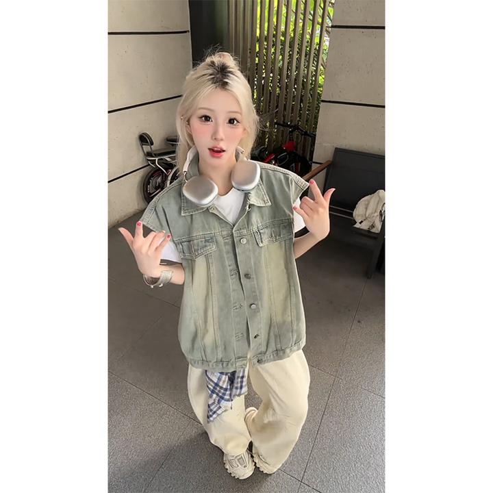 美式复古黄泥牛仔马甲男女夏薄款水洗做旧背心无袖坎肩情侣上衣